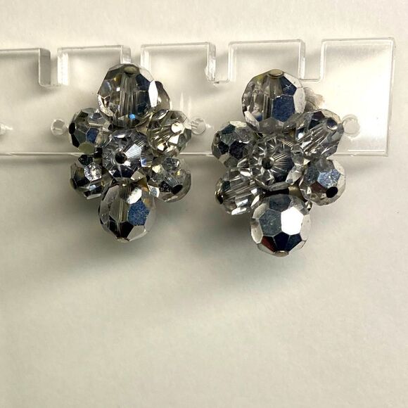 Earrings – Vintage 1950s Signed Sherman Silver Crystal Cluster Clip-Ons - Picture 1 of 3